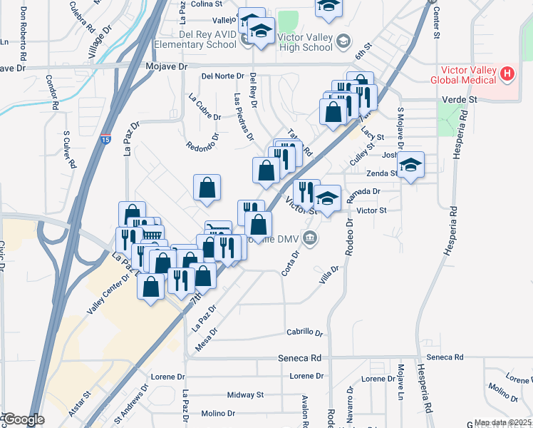 map of restaurants, bars, coffee shops, grocery stores, and more near 14849 7th St in Victorville