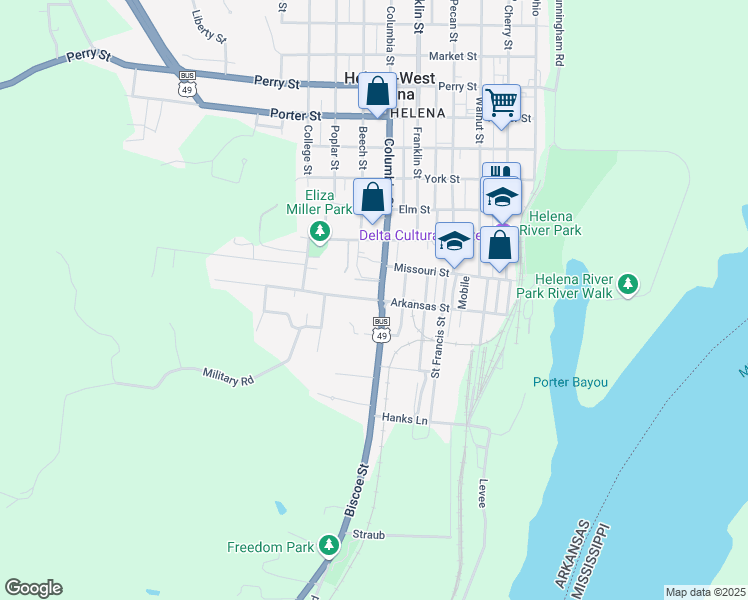 map of restaurants, bars, coffee shops, grocery stores, and more near 723 Arkansas in Helena-West Helena