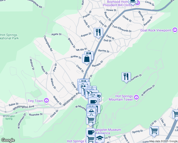 map of restaurants, bars, coffee shops, grocery stores, and more near 316 Park Avenue in Hot Springs