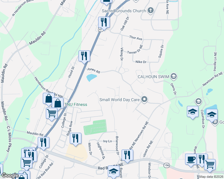 map of restaurants, bars, coffee shops, grocery stores, and more near 385 Mount Vernon Drive in Calhoun