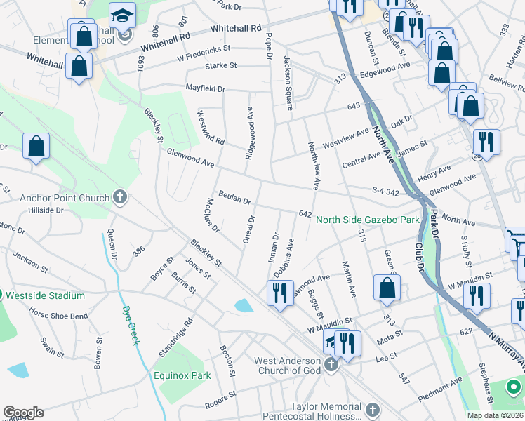 map of restaurants, bars, coffee shops, grocery stores, and more near 207 Oneal Drive in Anderson
