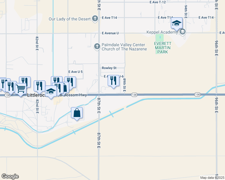 map of restaurants, bars, coffee shops, grocery stores, and more near Pearblossom Highway in Littlerock