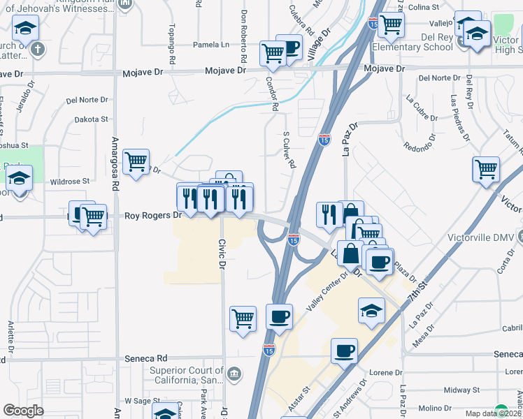 map of restaurants, bars, coffee shops, grocery stores, and more near 14912 Condor Road in Victorville