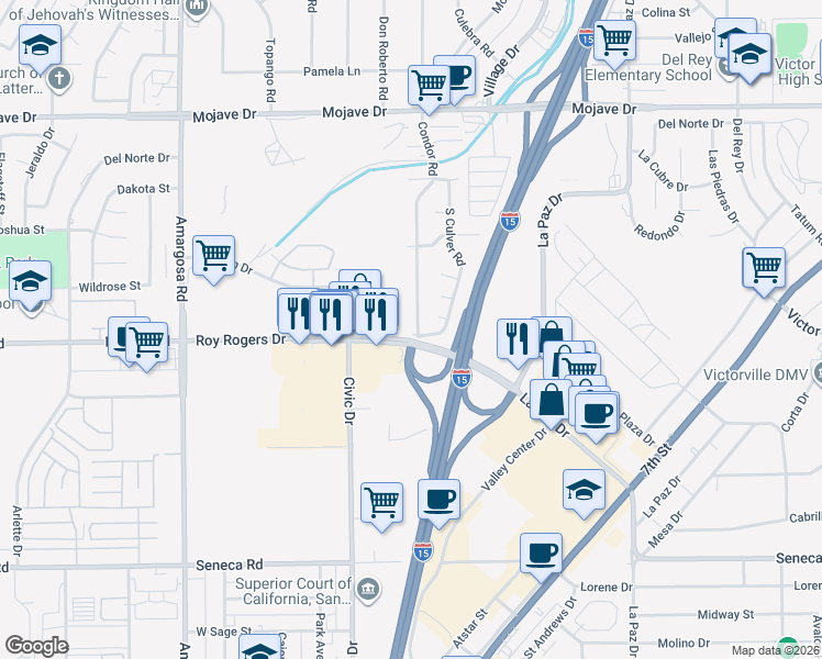 map of restaurants, bars, coffee shops, grocery stores, and more near 14959 Condor Road in Victorville