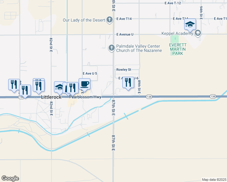 map of restaurants, bars, coffee shops, grocery stores, and more near 87th Street East in Littlerock