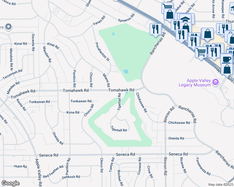 map of restaurants, bars, coffee shops, grocery stores, and more near 19814 Tomahawk Road in Apple Valley