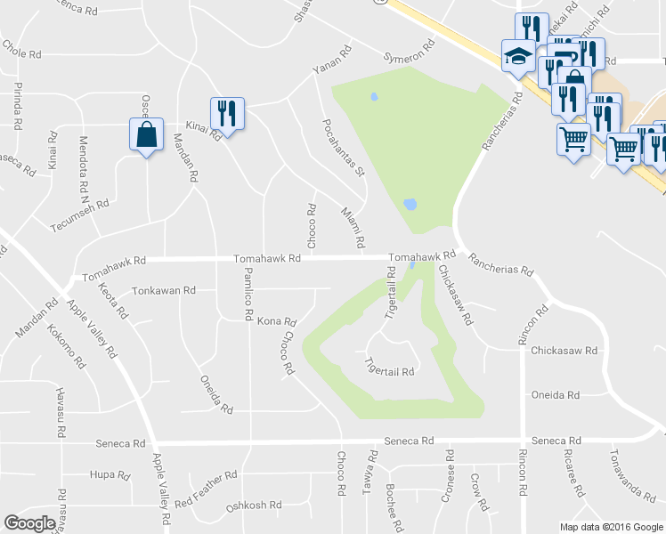 map of restaurants, bars, coffee shops, grocery stores, and more near 19718 Tomahawk Road in Apple Valley