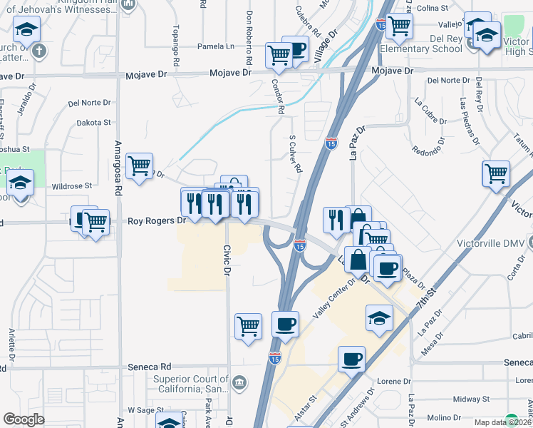 map of restaurants, bars, coffee shops, grocery stores, and more near 14959 Condor Road in Victorville