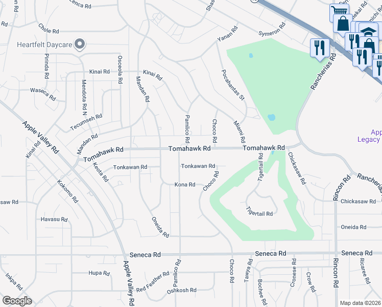 map of restaurants, bars, coffee shops, grocery stores, and more near 19521 Tomahawk Road in Apple Valley