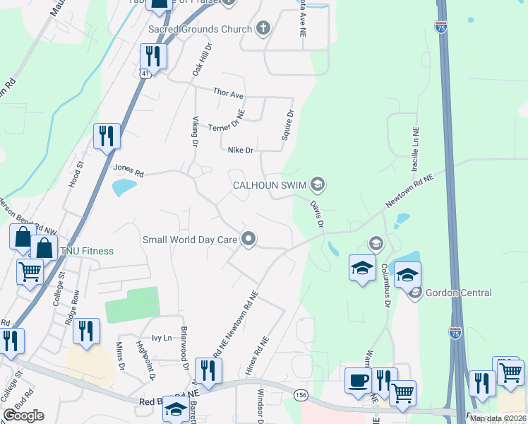 map of restaurants, bars, coffee shops, grocery stores, and more near 209 Davis Drive in Calhoun