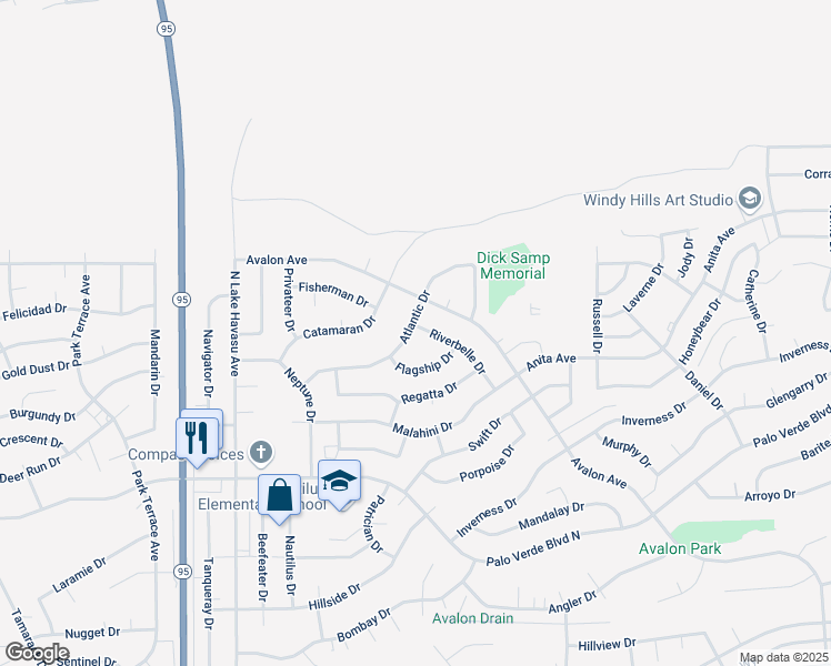 map of restaurants, bars, coffee shops, grocery stores, and more near 2350 Atlantic Drive in Lake Havasu City