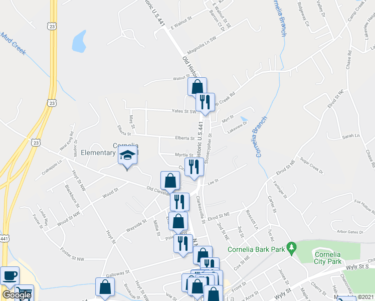 map of restaurants, bars, coffee shops, grocery stores, and more near 114 Baldwin Court Apartment in Cornelia