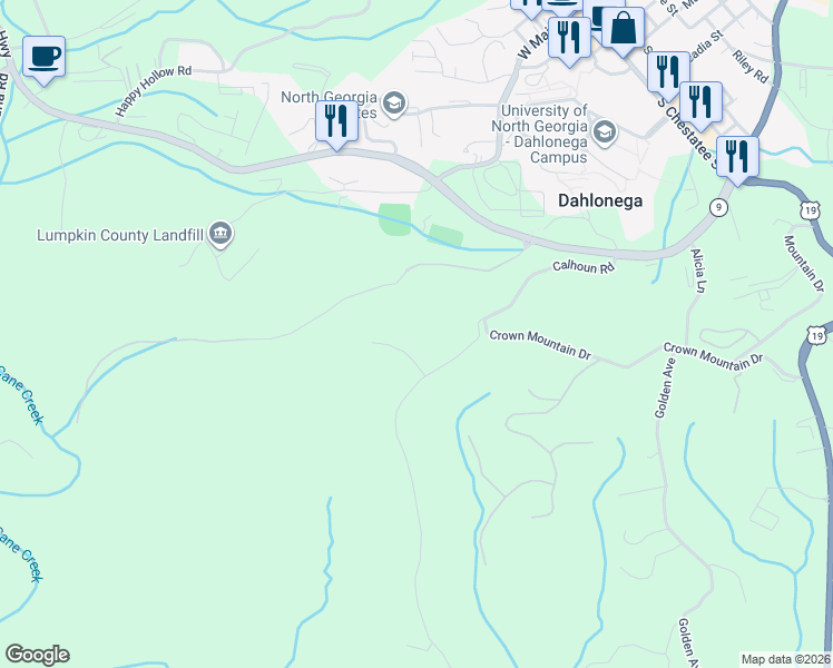 map of restaurants, bars, coffee shops, grocery stores, and more near 80 Timber Oak Lane in Dahlonega