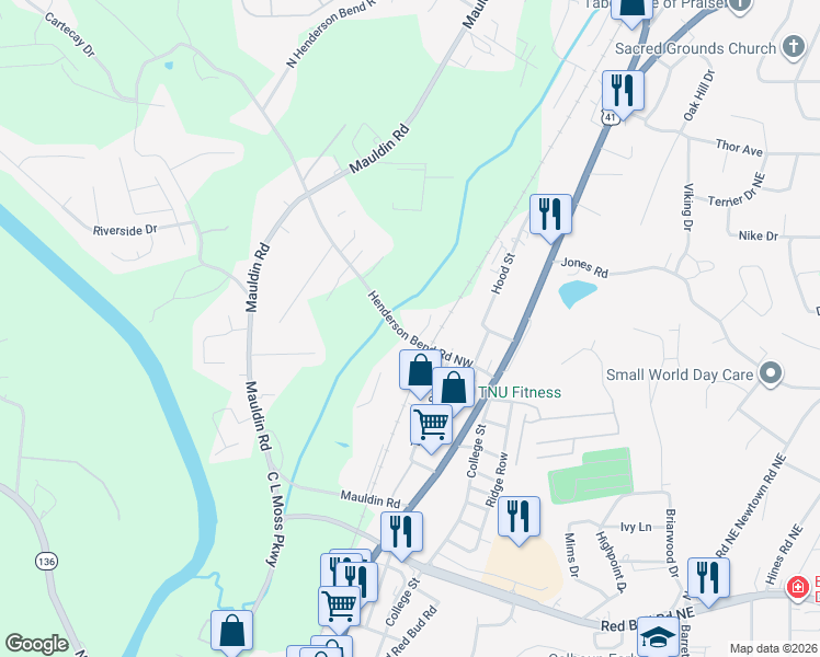 map of restaurants, bars, coffee shops, grocery stores, and more near 153 Henderson Bend Road Northwest in Calhoun