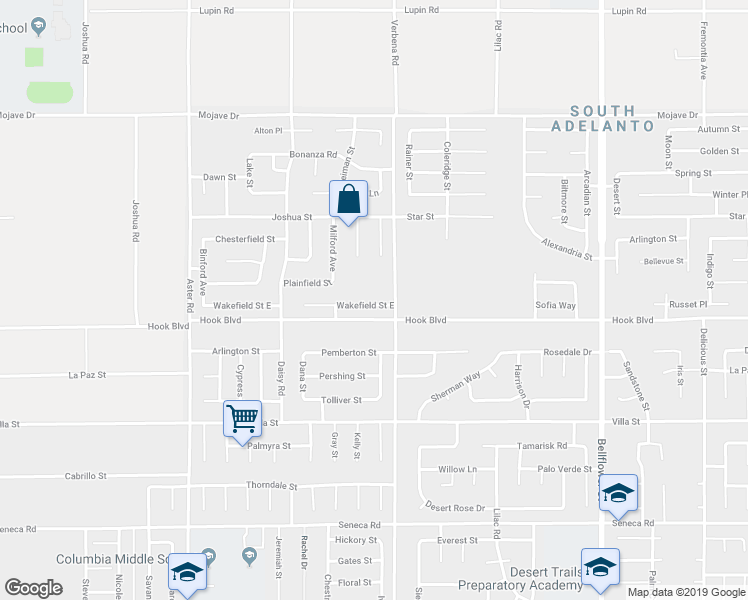 map of restaurants, bars, coffee shops, grocery stores, and more near 10860 Wakefield Street in Adelanto