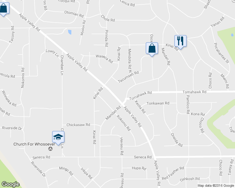 map of restaurants, bars, coffee shops, grocery stores, and more near 14883 Apple Valley Road in Apple Valley