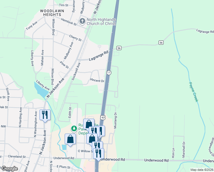 map of restaurants, bars, coffee shops, grocery stores, and more near 15938 U.S. 43 in Russellville