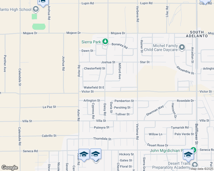 map of restaurants, bars, coffee shops, grocery stores, and more near 14985 Daisy Road in Adelanto