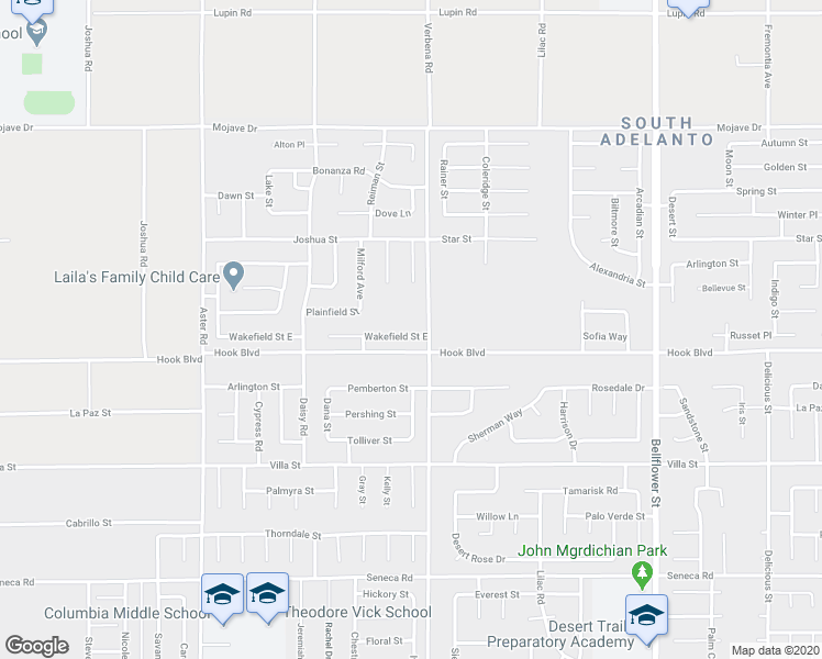 map of restaurants, bars, coffee shops, grocery stores, and more near 10870 Wakefield Street in Adelanto