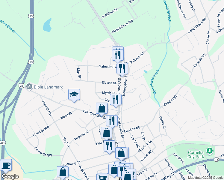 map of restaurants, bars, coffee shops, grocery stores, and more near 114 Myrtle Apt Court in Cornelia