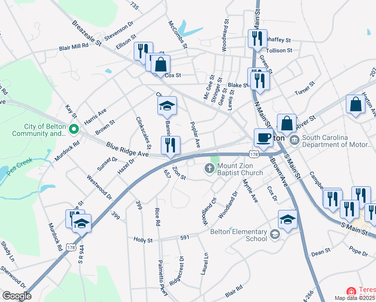 map of restaurants, bars, coffee shops, grocery stores, and more near 104 Poplar Avenue in Belton