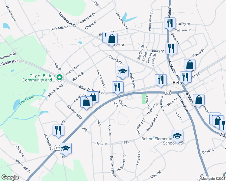 map of restaurants, bars, coffee shops, grocery stores, and more near 225 Bannister Street in Belton