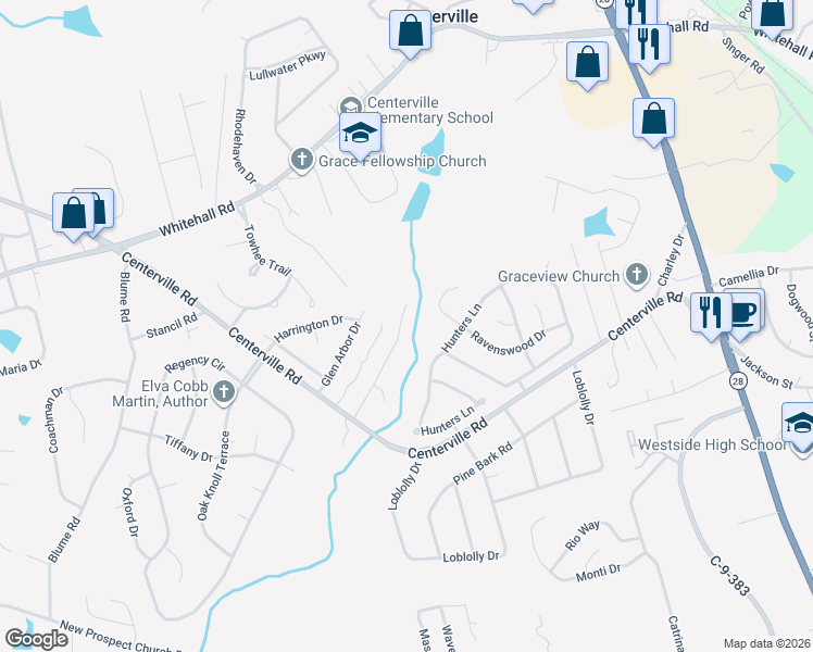 map of restaurants, bars, coffee shops, grocery stores, and more near 156 Caleb Court in Anderson