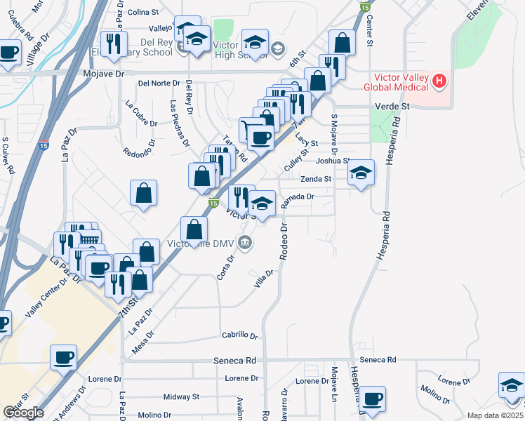 map of restaurants, bars, coffee shops, grocery stores, and more near 16498 Victor Street in Victorville