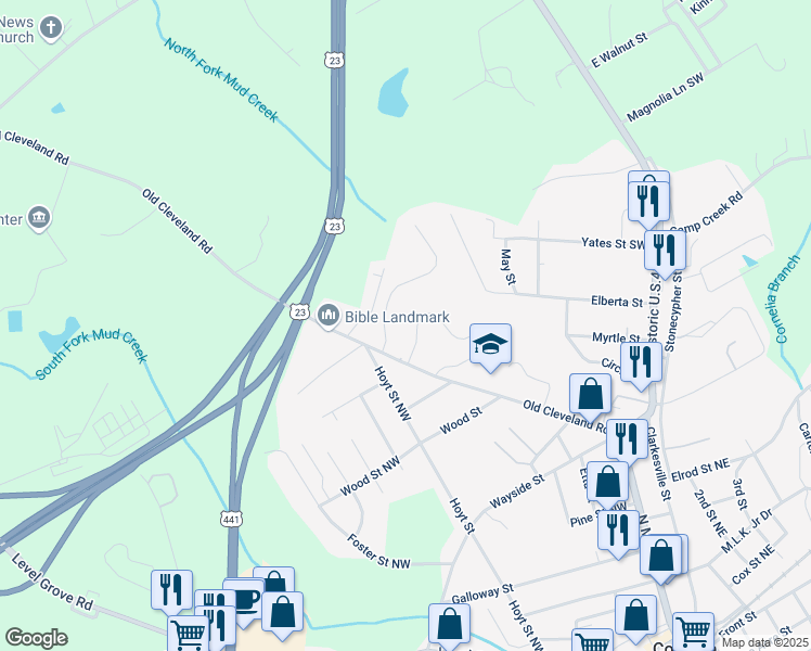 map of restaurants, bars, coffee shops, grocery stores, and more near 205 Quail Trail in Cornelia