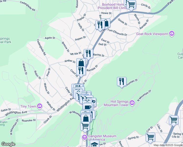 map of restaurants, bars, coffee shops, grocery stores, and more near 136 Ramble Street in Hot Springs