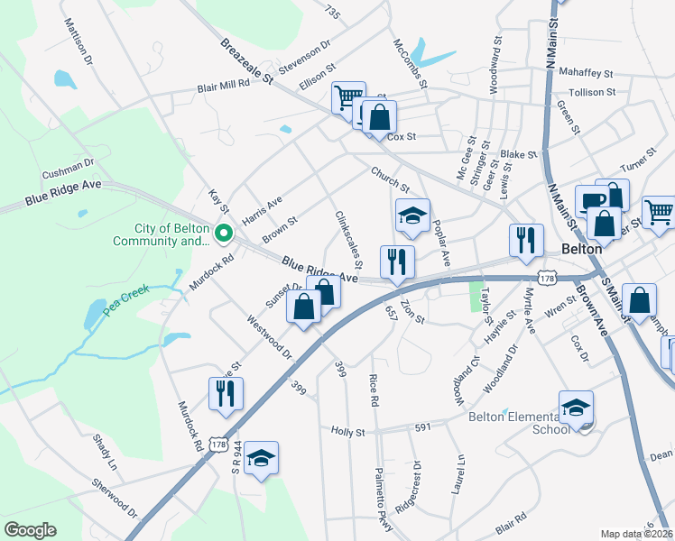 map of restaurants, bars, coffee shops, grocery stores, and more near 105 Davenport Street in Belton