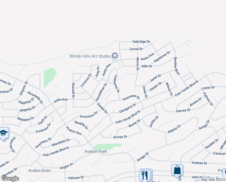 map of restaurants, bars, coffee shops, grocery stores, and more near 2680 Honeybear Drive in Lake Havasu City