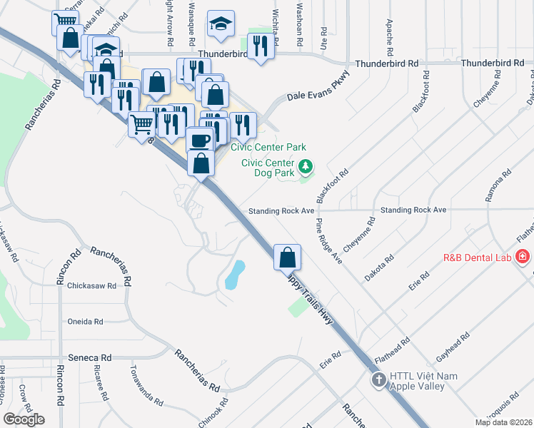 map of restaurants, bars, coffee shops, grocery stores, and more near 20721 Standing Rock Avenue in Apple Valley