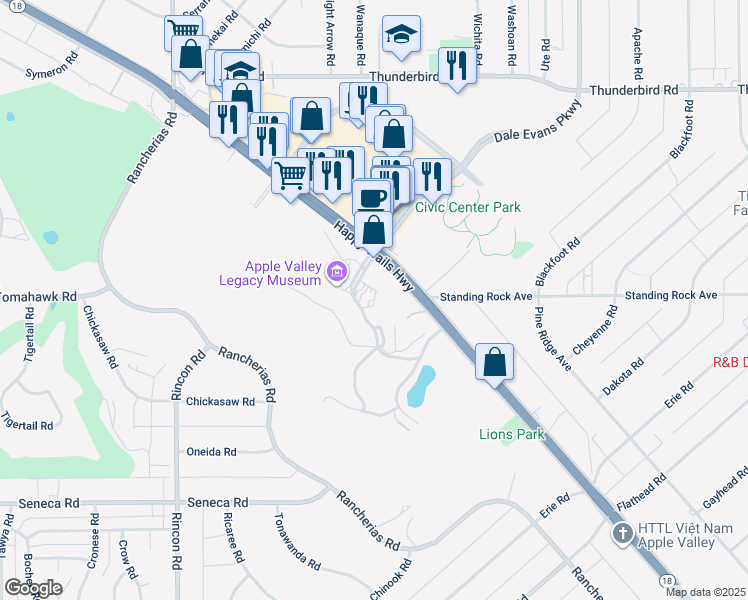 map of restaurants, bars, coffee shops, grocery stores, and more near California 18 in Apple Valley