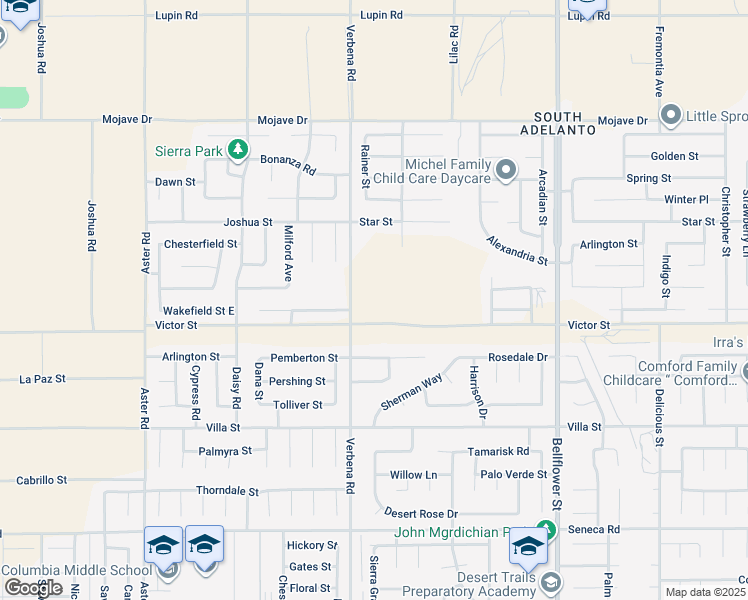 map of restaurants, bars, coffee shops, grocery stores, and more near 14945 Coppola Street in Adelanto