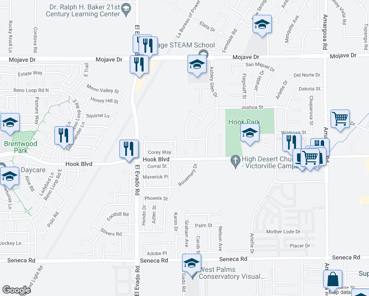 map of restaurants, bars, coffee shops, grocery stores, and more near 14938 Loch Lomond Court in Victorville