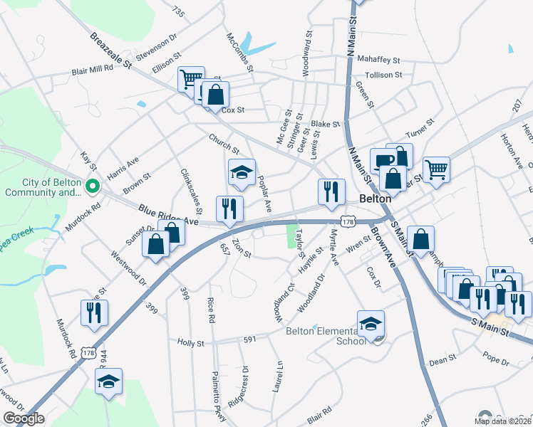 map of restaurants, bars, coffee shops, grocery stores, and more near 104 Poplar Avenue in Belton