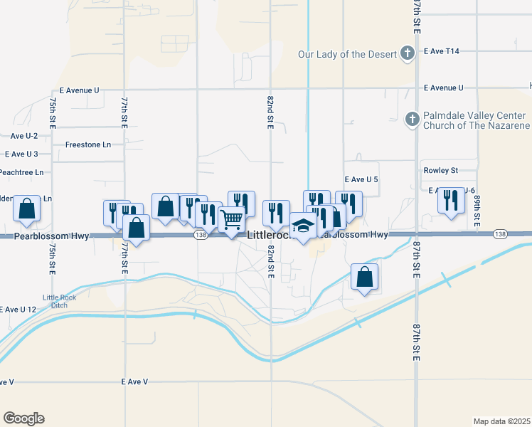 map of restaurants, bars, coffee shops, grocery stores, and more near 35235 82nd Street East in Littlerock