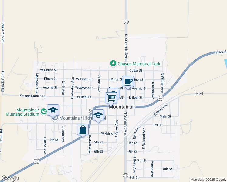 map of restaurants, bars, coffee shops, grocery stores, and more near 211 North Ripley Avenue in Mountainair