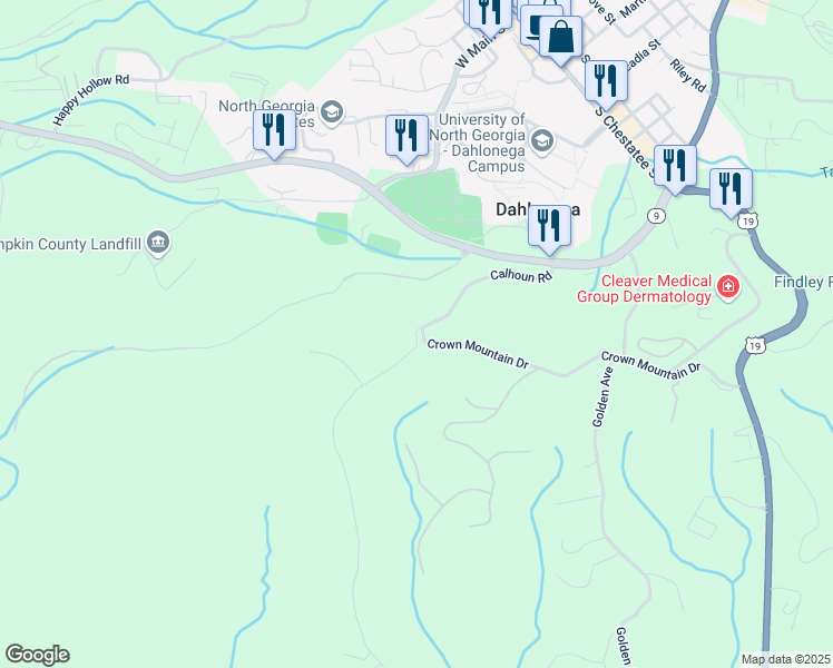 map of restaurants, bars, coffee shops, grocery stores, and more near 0 Crown Mountain Drive in Dahlonega