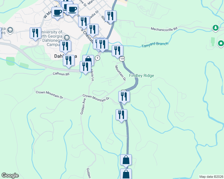 map of restaurants, bars, coffee shops, grocery stores, and more near 354 Mountain Drive in Dahlonega