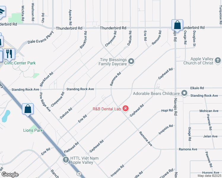 map of restaurants, bars, coffee shops, grocery stores, and more near 15394 Ramona Road in Apple Valley
