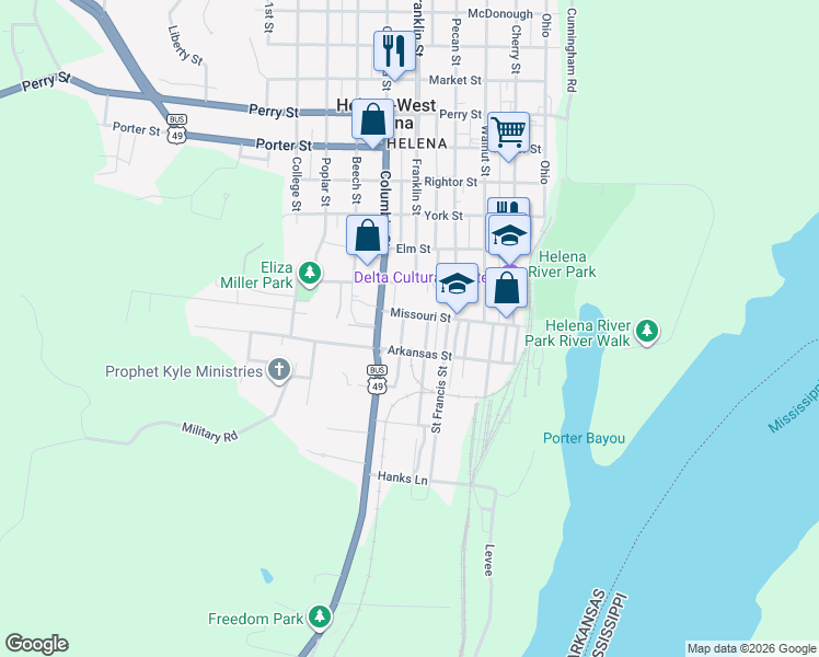 map of restaurants, bars, coffee shops, grocery stores, and more near 522 Arkansas in Helena-West Helena