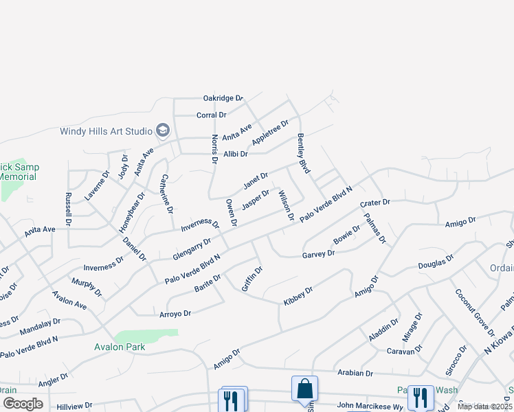 map of restaurants, bars, coffee shops, grocery stores, and more near 2840 Jasper Drive in Lake Havasu City