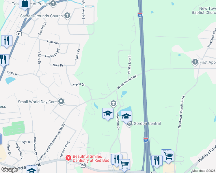 map of restaurants, bars, coffee shops, grocery stores, and more near 352 Newtown Road Northeast in Calhoun