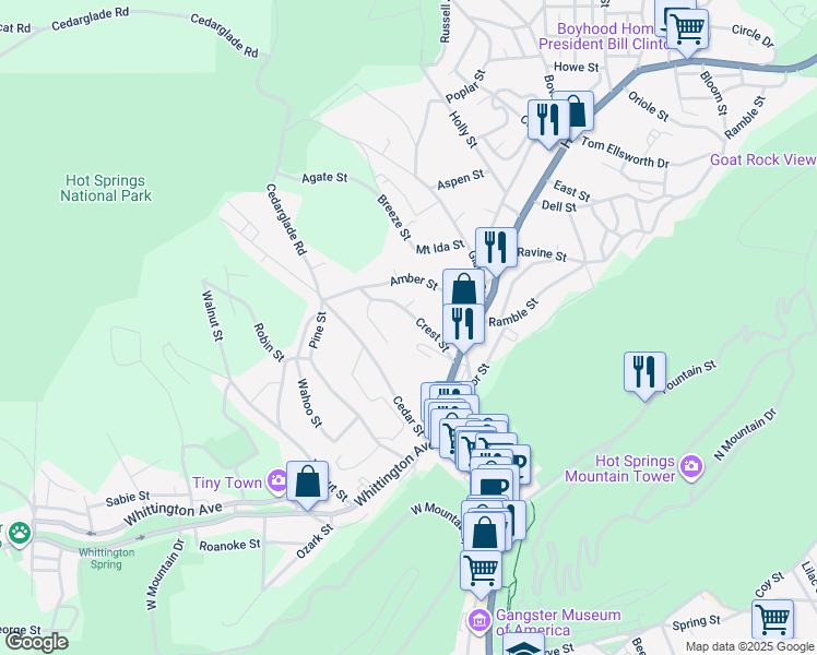 map of restaurants, bars, coffee shops, grocery stores, and more near 167 Crest Street in Hot Springs