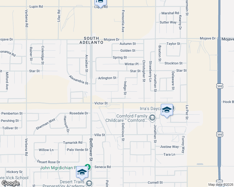 map of restaurants, bars, coffee shops, grocery stores, and more near 11461 Charlotte Street in Adelanto