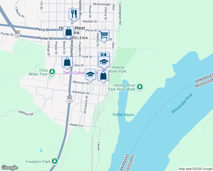 map of restaurants, bars, coffee shops, grocery stores, and more near in Helena-West Helena