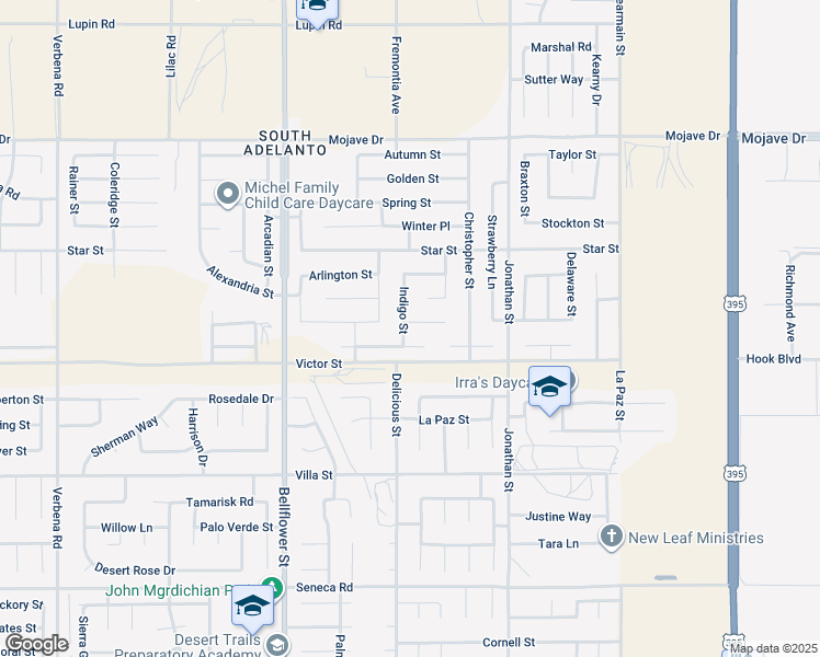 map of restaurants, bars, coffee shops, grocery stores, and more near 14966 Indigo Street in Adelanto