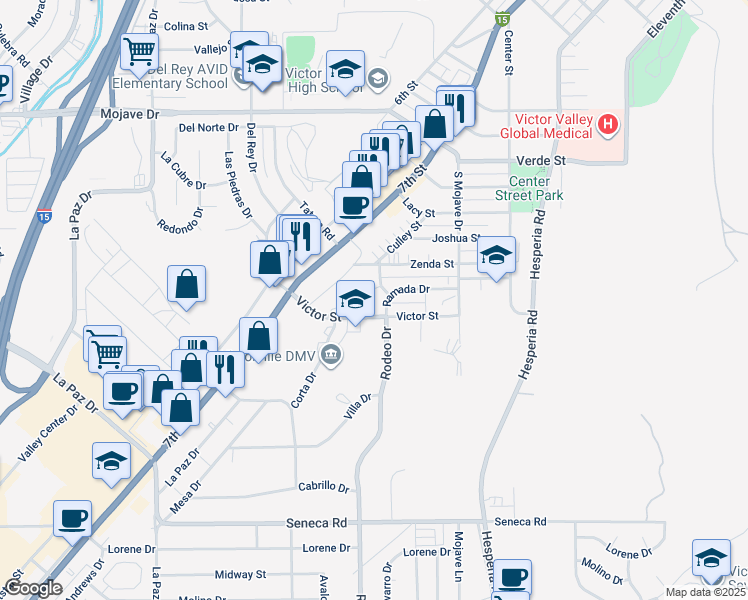 map of restaurants, bars, coffee shops, grocery stores, and more near 14944 Culley Court in Victorville